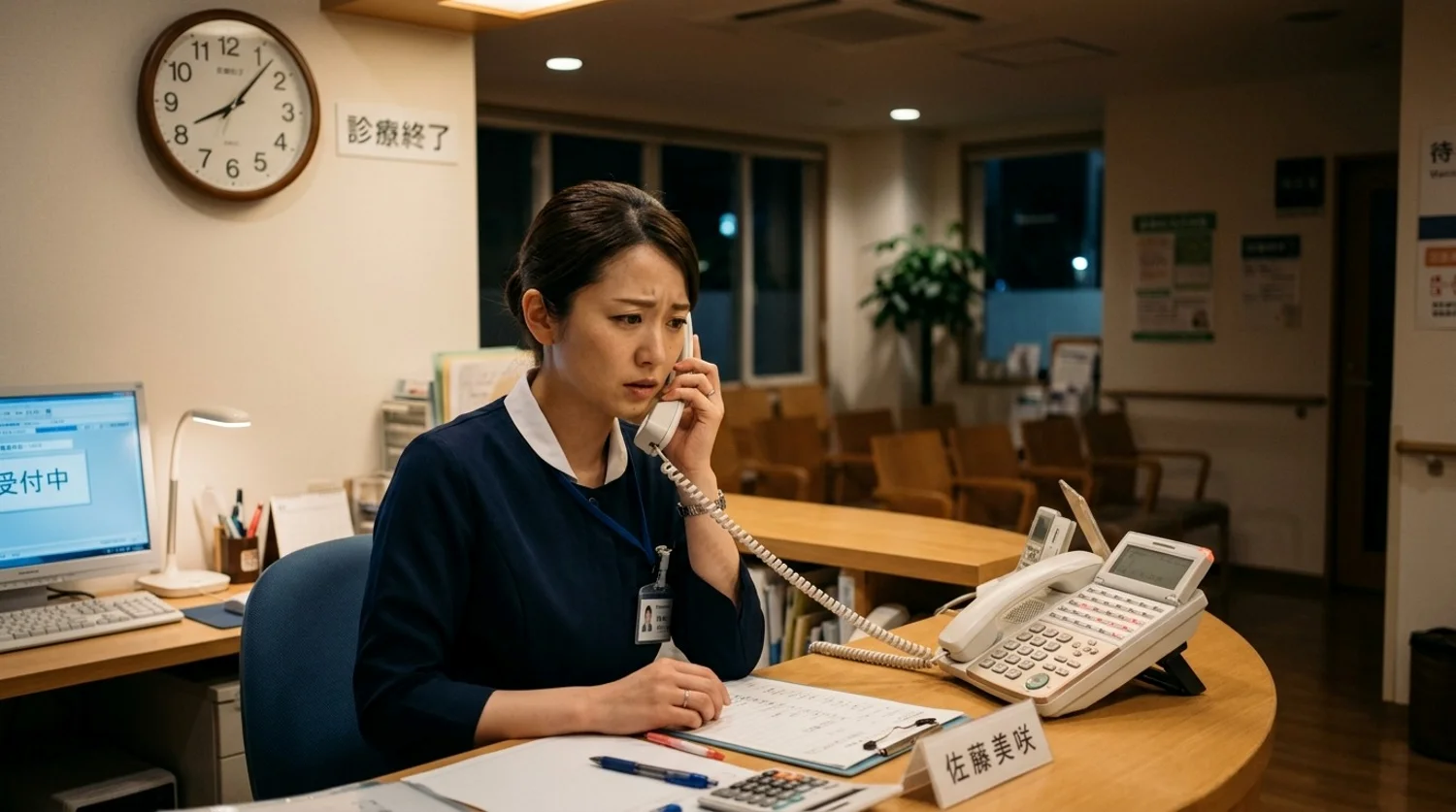 診療終了後に時間外の電話対応をするクリニックスタッフ